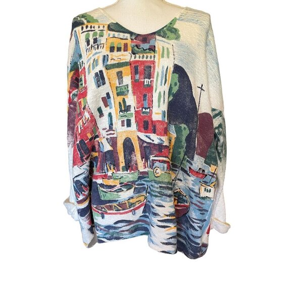 Michael Leu Sweater Size 1X Art Apparel Group Cotton Italian Scene V Neck - Picture 1 of 16